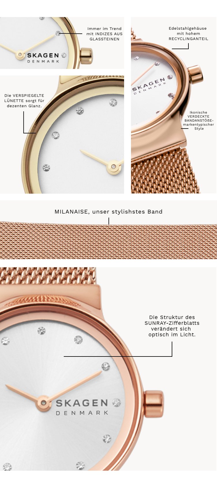 Eine Uhr Freja mit roségoldfarbenem Gehäuse und passendem Milanaiseband, weißem Zifferblatt und funkelnden Indizes. Mit folgenden Details: ,zeitloser Style mit Indizes aus Glassteinen‘ ,VERSPIEGELTE LÜNETTE für dezenten Glanz‘ ‚Edelstahlgehäuse mit hohem RECYCLINGANTEIL‘ ,ikonische VERDECKTE BANDANSTÖẞE-markentypischer Style‘ ,Die Struktur auf dem SUNRAY-Zifferblatt scheint sich im Licht zu verändern.‘ ,MILANAISE, unser stylishstes Band‘