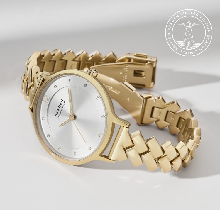 Image of a gold-tone Anita watch with jewellery bracelet