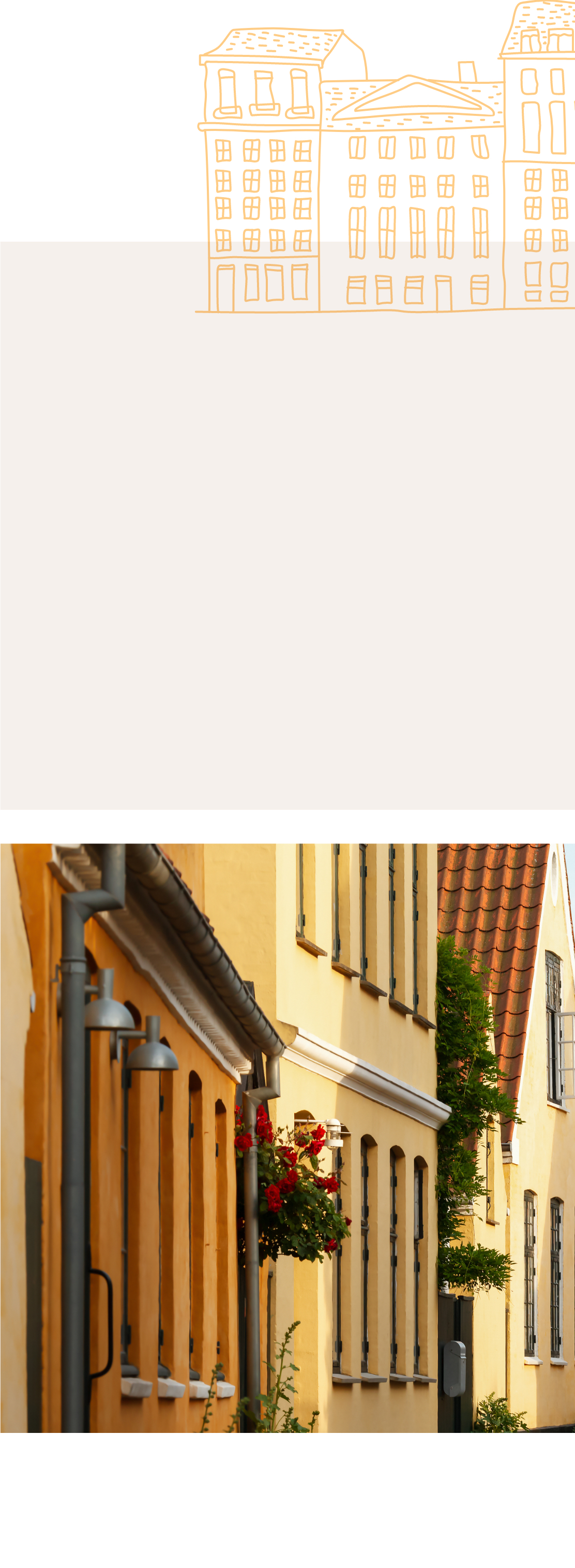 Zeichnung von Gebäuden. Bild einer ruhigen Straße in Kopenhagen.