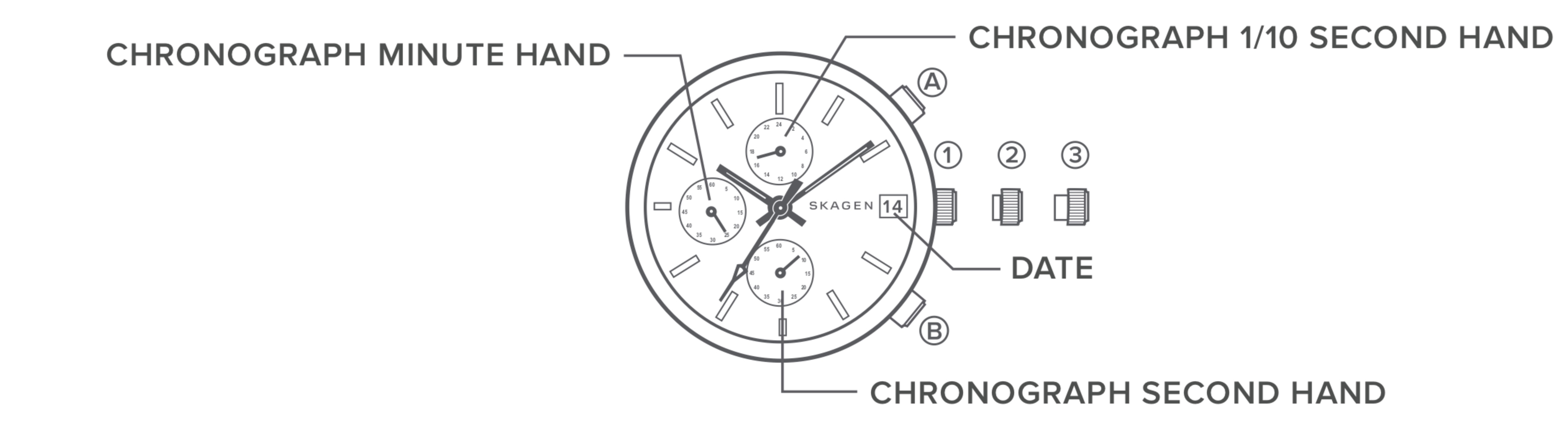 line art of a chronograph watch dial, identifying the parts of the watch.
