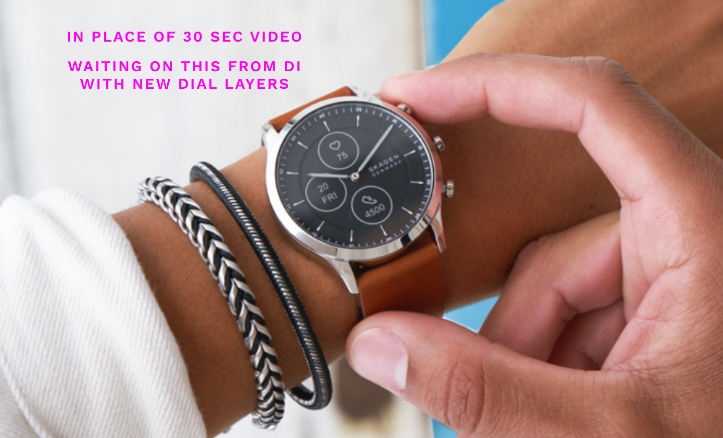 Rose gold-tone case with a black dial and black leather strap. Silver dial with with a black dial and brown leather strap. Black case and dial with a black steel mesh strap. Black case and dial with a black silicone strap.