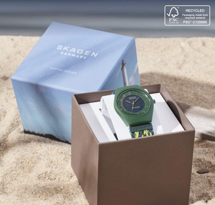 Image of a Samsø Series watch in its special packaging