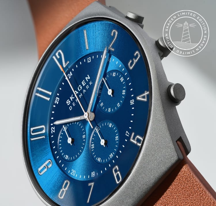 Close-up image of the titanium Grenen Chronograph watch