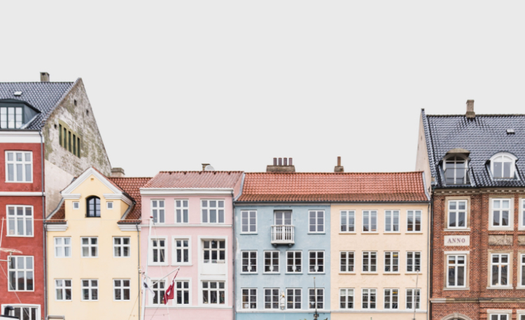 A set of colorful rowhouses