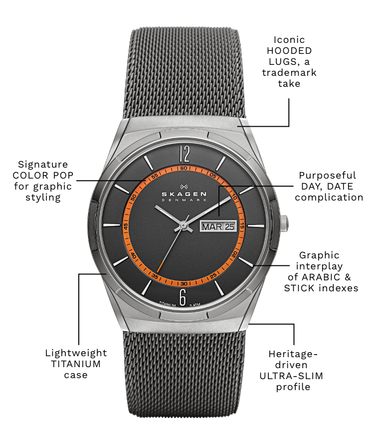 A skagen melbye with the following callouts: Iconic HOODED LUGS, a trademark take. Signature COLOR POP for graphic styling. At least 50% recycled stainless steel strap. Lightweight TITANIUM case. Heritage-driven ULTRA-SLIM profile.