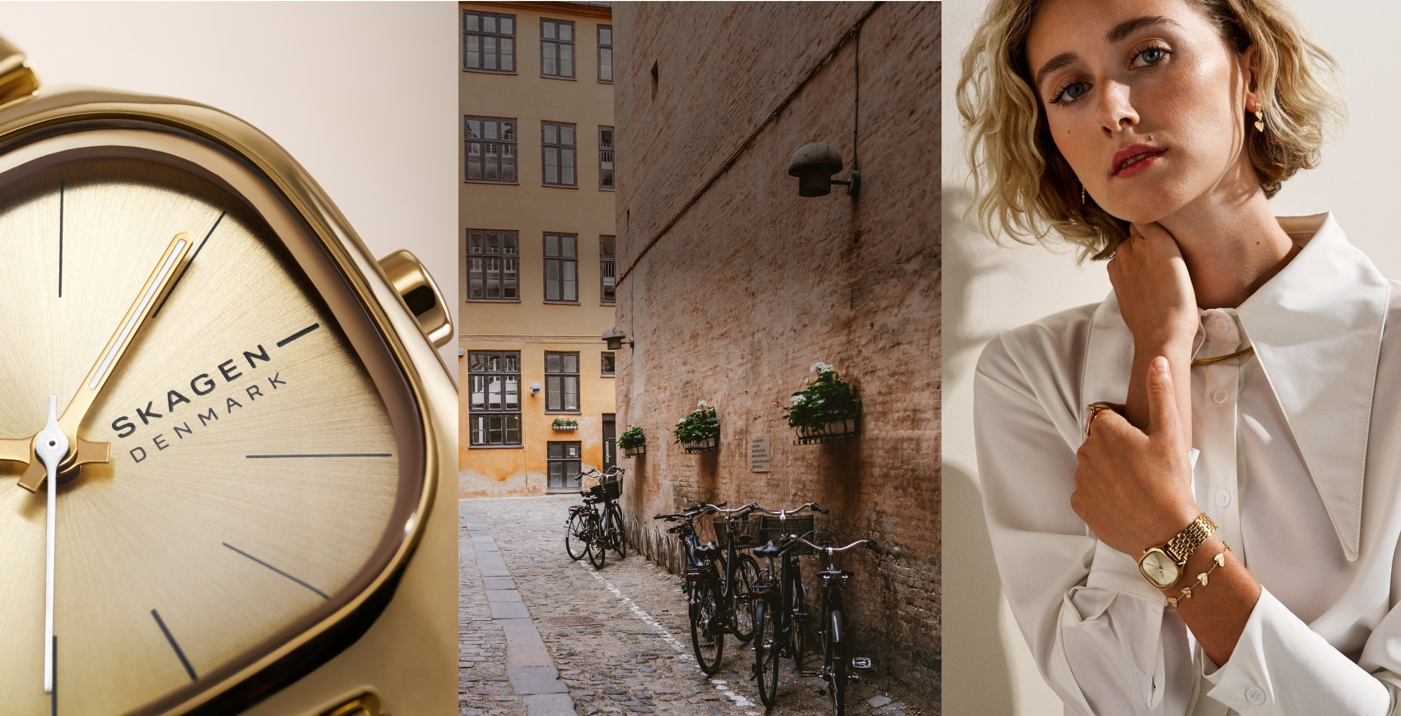 Three images that show off the new Mellem watch and Moderne Stak jewelry