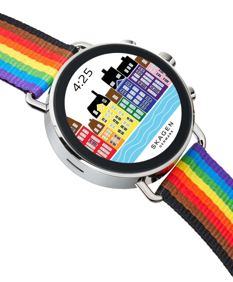 Bild der Uhr Falster Gen 6 mit Pride Zifferblatt und Band.