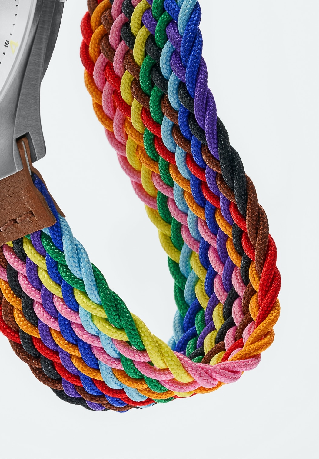 Close up of the sustainable strap in Pride colours.