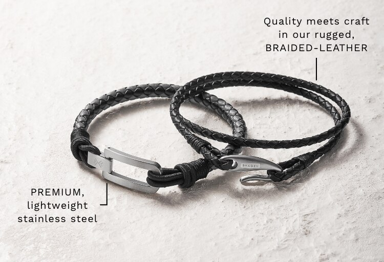 Two Skagen men's braided bracelets. Callouts: PREMIUM, lightweight stainless steel. Quality meets craft in our rugged, BRAIDED-LEATHER.