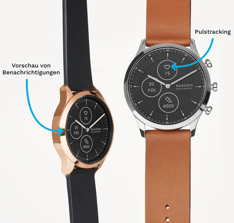 Rose gold-tone case with a black dial and black leather strap. Silver dial with with a black dial and brown leather strap. Black case and dial with a black steel mesh strap. Black case and dial with a black silicone strap.