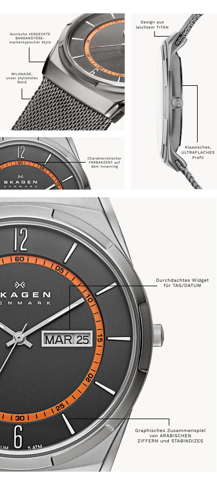Eine Uhr Melbye mit einem silberfarbenen Gehäuse und passendem Milanaiseband, schwarzem Zifferblatt und orangefarbenem Innenring. Mit folgenden Details: ,Charakteristischer FARBAKZENT auf dem Innenring‘, Durchdachtes Widget für TAG/DATUM‘, Graphisches Zusammenspiel von ARABISCHEN ZIFFERN und STABINDIZES‘. ,Ikonische VERDECKTE BANDANSTÖẞE-markentypischer Style‘, ,Design aus leichtem TITAN‘, ,Klassisches, ULTRAFLACHES Profil‘, ,MILANAISE, unser stylishstes Band‘.
