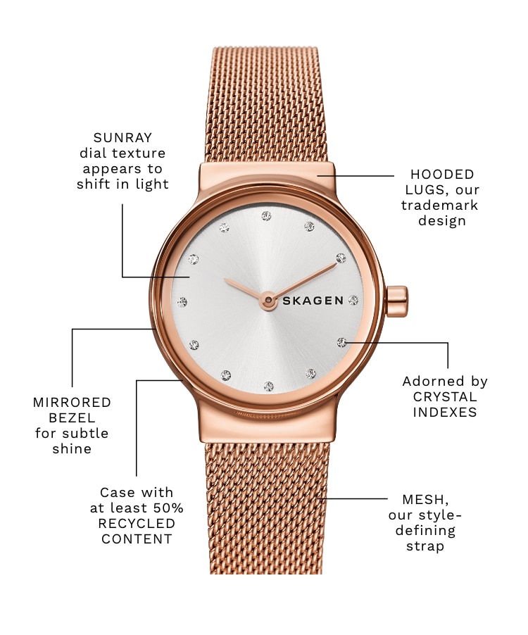 A skagen freja with the following callouts: HOODED LUGS, our trademark design. Case with at least 50% RECYCLED CONTENT. SUNRAY dial texture appears to shift in light. MIRRORED BEZEL for subtle shine. Adorned by CRYSTAL INDEXES.