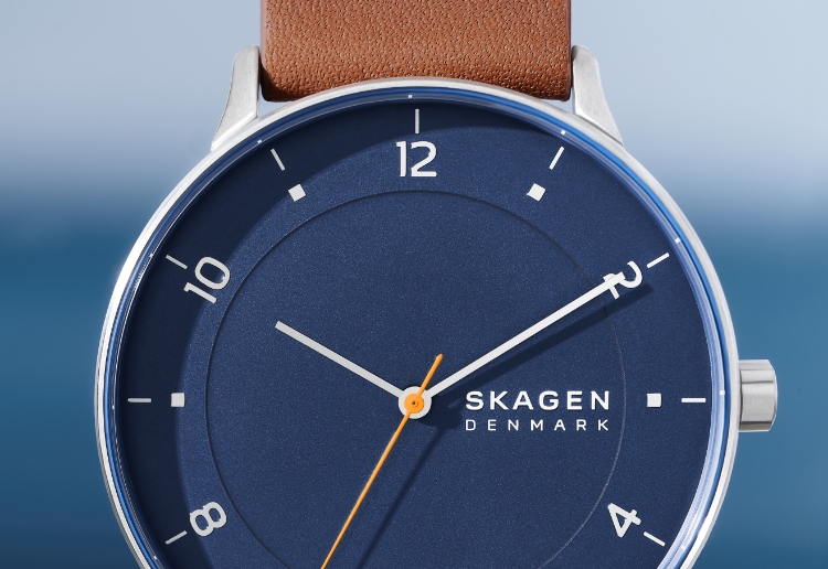 Man on a beach wearing a Skagen watch and bracelet