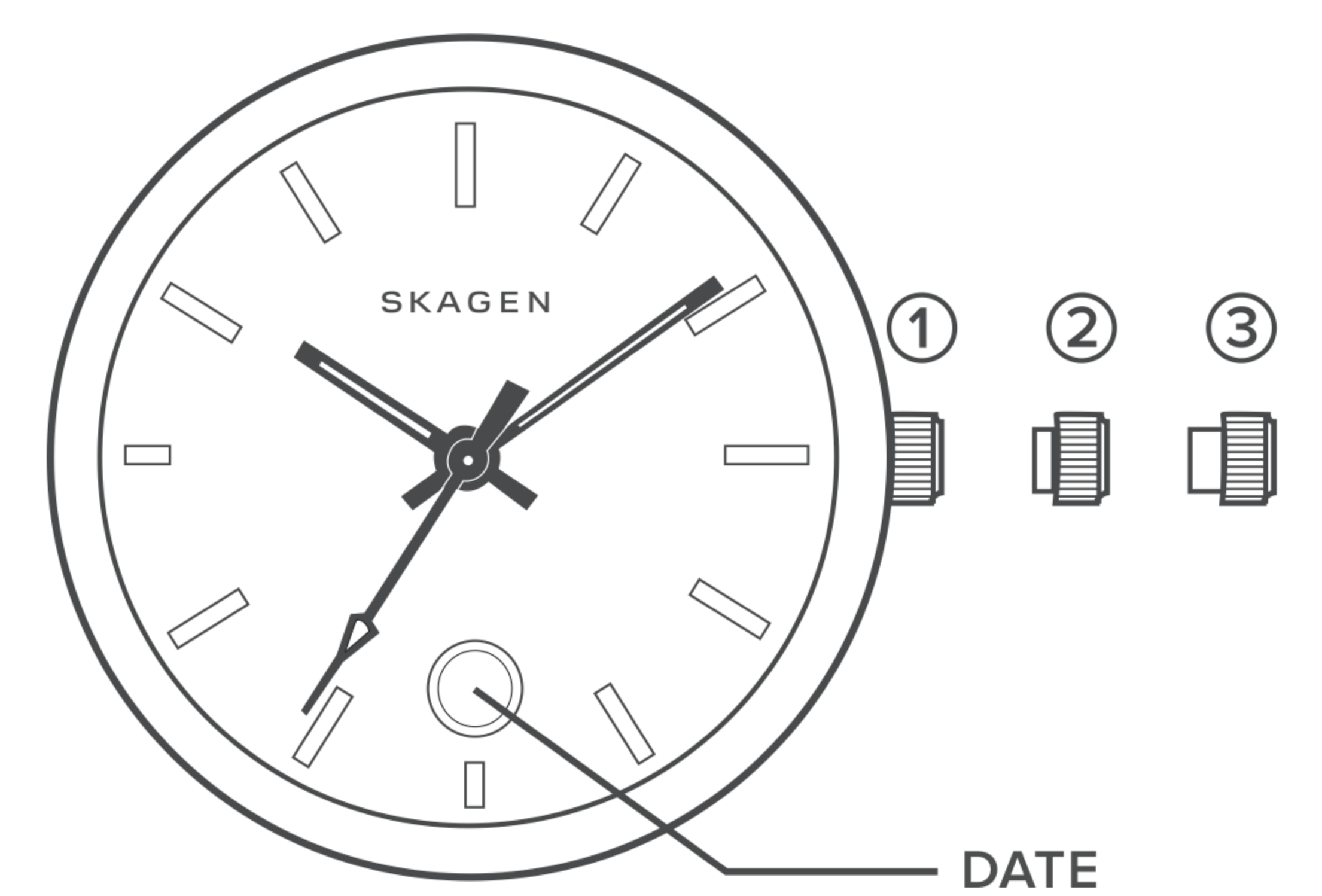 line art of a standard watch dial, identifying the crown and date
