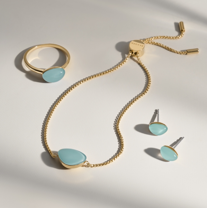 Image of the rose gold-tone jewelry with mint green features.