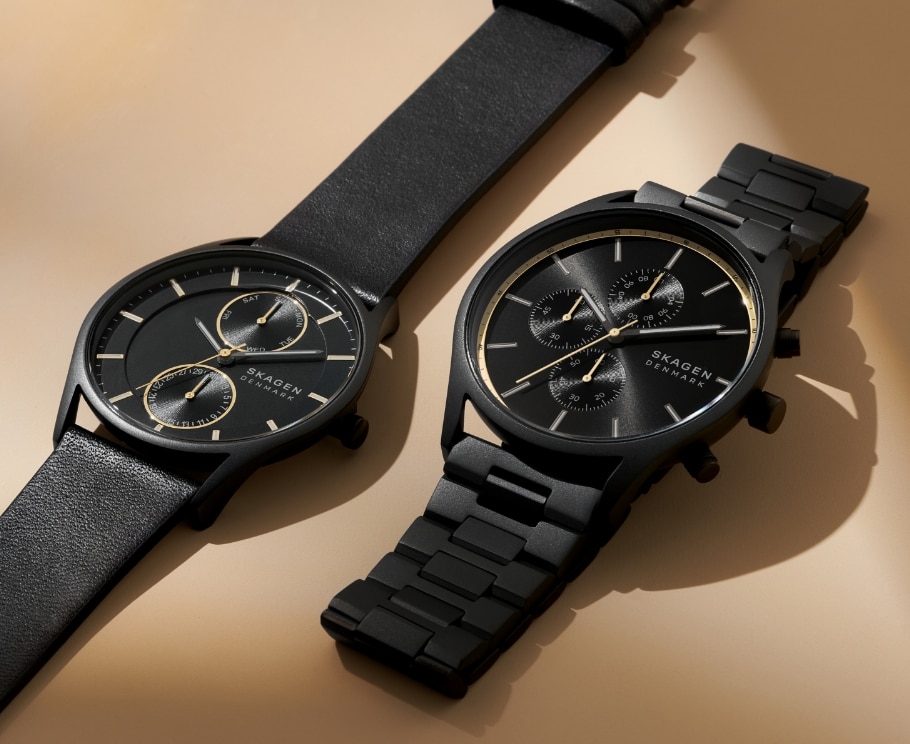 Multiple images showing black & gold Skagen watches.