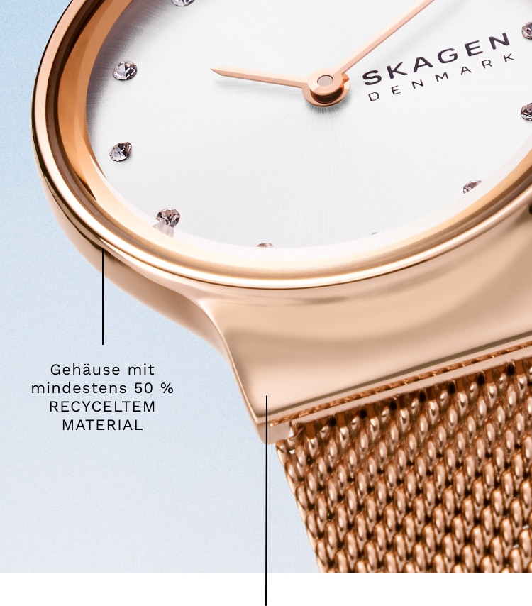 A close-up of the hooded lug of the Skagen freja watch. Callout: Case with at least 50% RECYCLED CONTENT