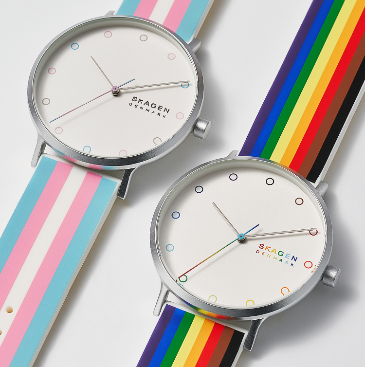 a pair of skagen pride watches with the rainflag and the transgender flag