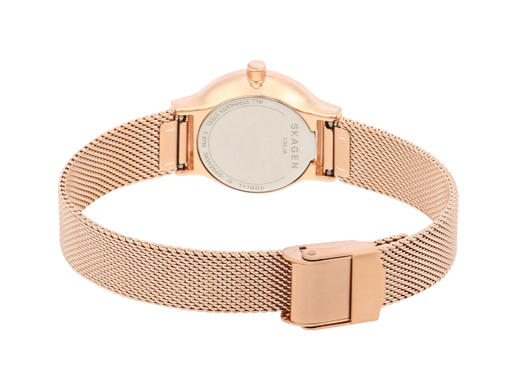 The back of a Skagen Freja in rose gold showing the mesh clasp.