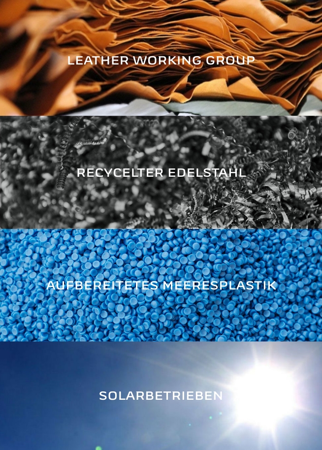 Bild von einem Stapel Leder. Bild von Edelstahlspänen. Bild von #tide Granulat. Bild von der Sonne.