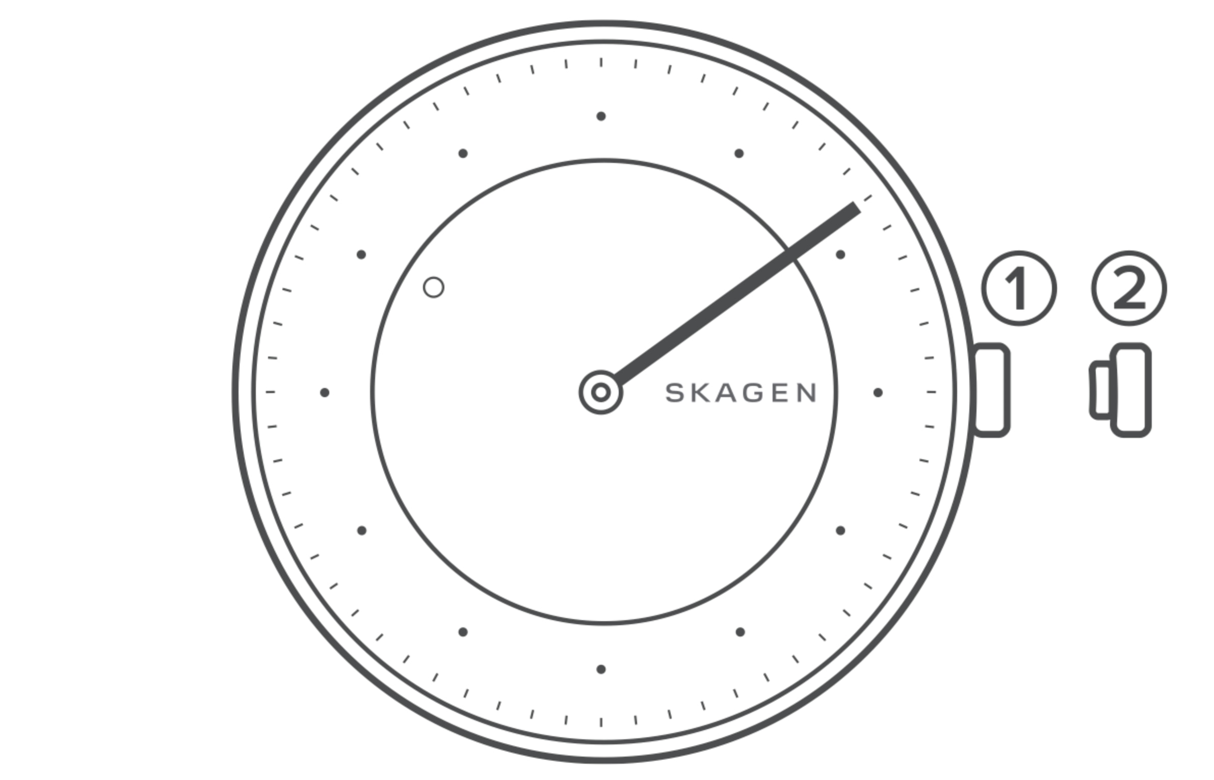 line art of a 2-hand disc watch, identifying the parts of the watch.