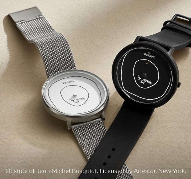 Rotating GIFs highlighting the Basquiat x Skagen collection