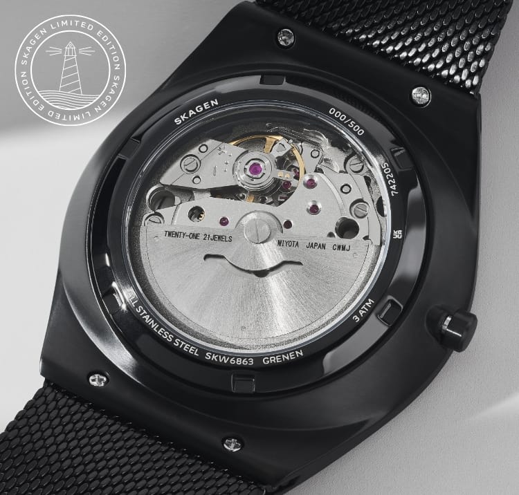 Image of the exhibition caseback on this Grenen Automatic watch