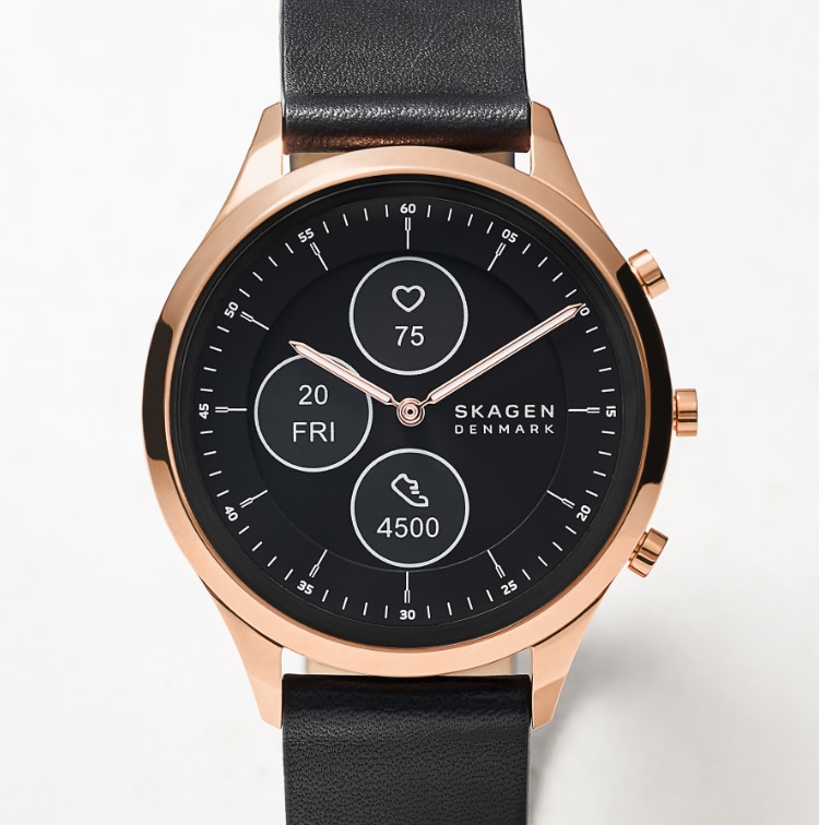Rose gold-tone case with a black dial and black leather strap.