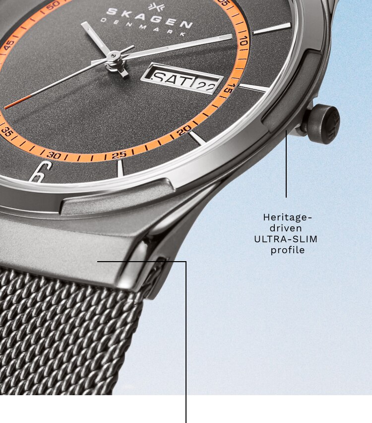 A close-up of the hooded lug of the Skagen Melbye watch. Callout: Heritage-driven ULTRA-SLIM profile