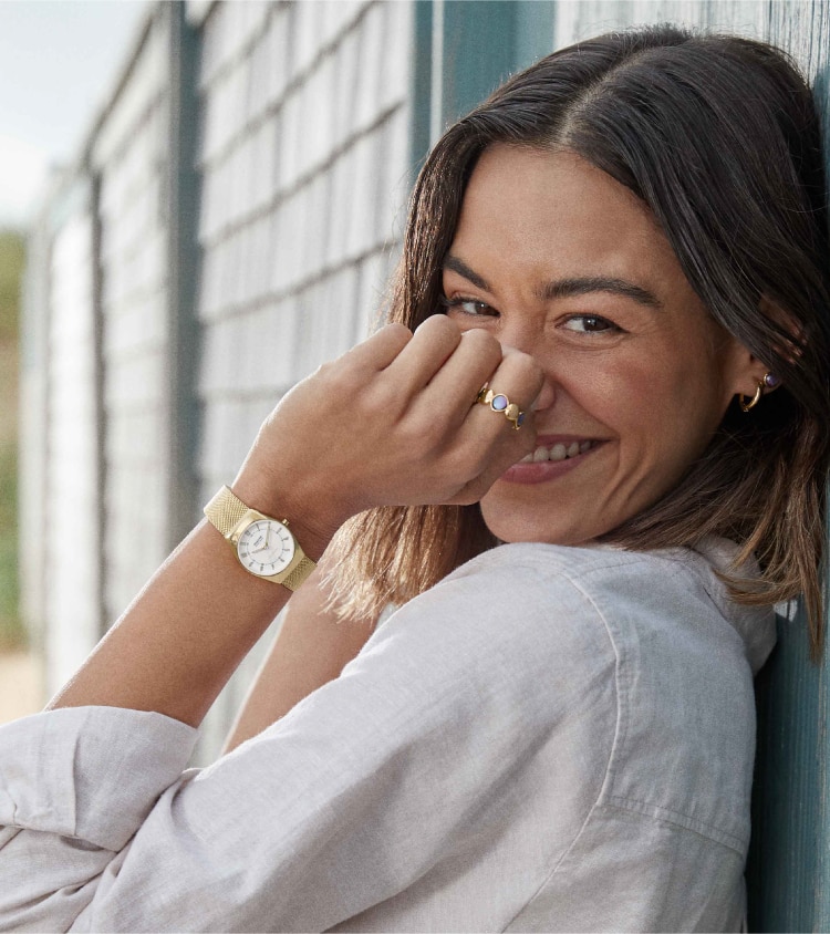 woman wearing a skagen watch
