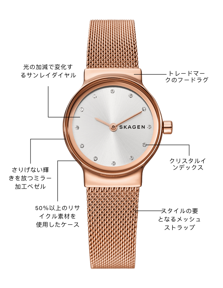 A skagen freja with the following callouts: HOODED LUGS, our trademark design. Case with at least 50% RECYCLED CONTENT. SUNRAY dial texture appears to shift in light. MIRRORED BEZEL for subtle shine. Adorned by CRYSTAL INDEXES.