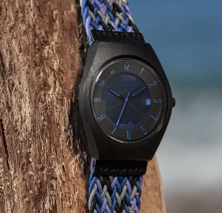 Image of a Samsø Series watch on a piece of wood