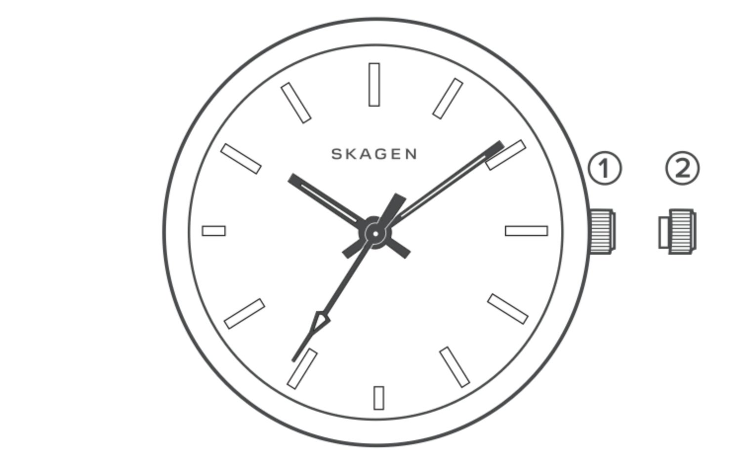 line art of the dial for a solar powered watch, identifying the parts of the watch.