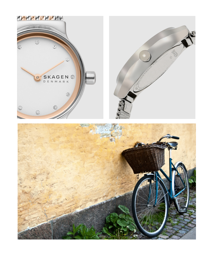 SKAGEN ウォッチのクローズアップ画像、SKAGEN ウォッチの側面像、コペンハーゲンの通りに停まっている自転車画像のモザイク画像