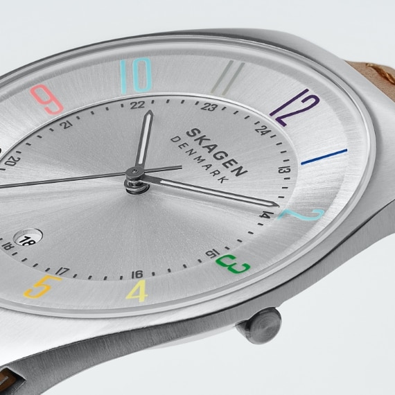 Close up of the dial on the Grenen Pride watch.