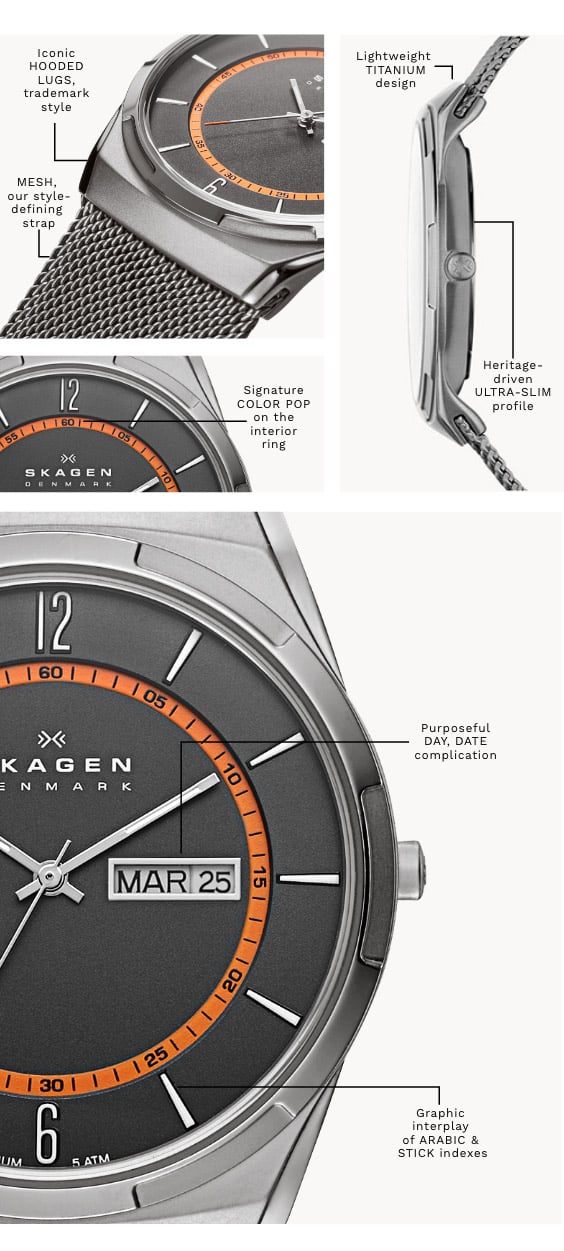 A Melbye watch with a silver-tone case with matching mesh strap with black dial and orange inner ring. Has the following call-outs on it: 'Signature COLOR POP on the interior ring' 'Purposeful DAY, DATE complication' 'Graphic interplay of ARABIC & STICK indexes.' 'Iconic HOODED LUGS, trademark style' 'Lightweight TITANIUM design' 'Heritage-driven ULTRA-SLIM profile' 'MESH, our style-defining strap'