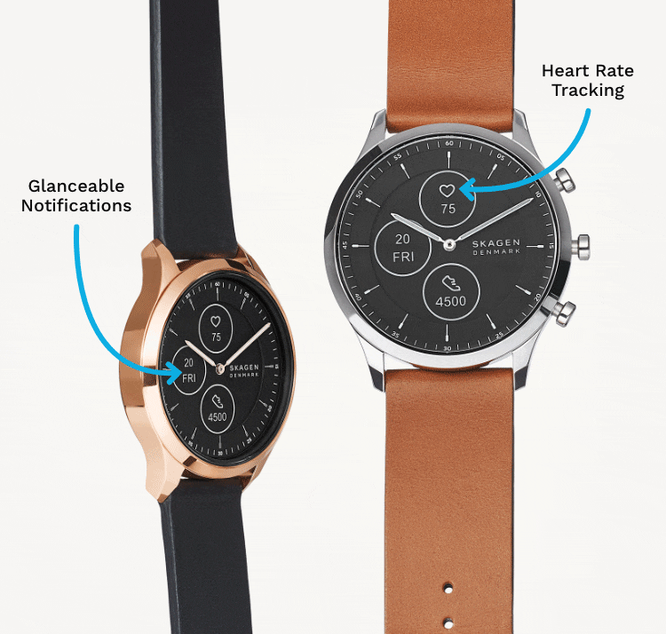 Rose gold-tone case with a black dial and black leather strap. Silver dial with with a black dial and brown leather strap. Black case and dial with a black steel mesh strap. Black case and dial with a black silicone strap.