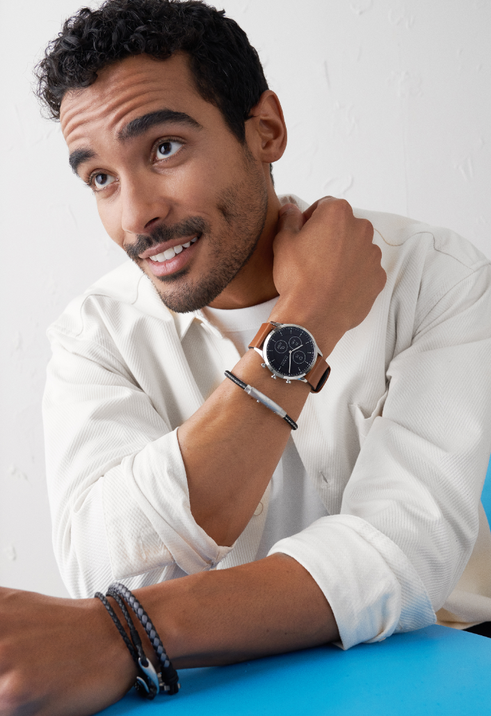Rose gold-tone case with a black dial and black leather strap.