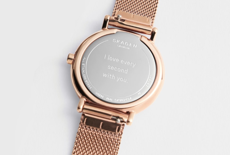 A skagen watch with 'I love every second with you' engraved on the back
