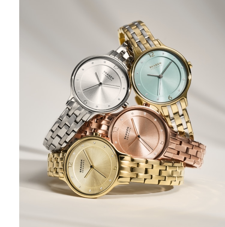 Image of a stack of Freja watch in a variety of colourways.