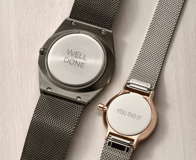 Model wearing men's chronograph watch